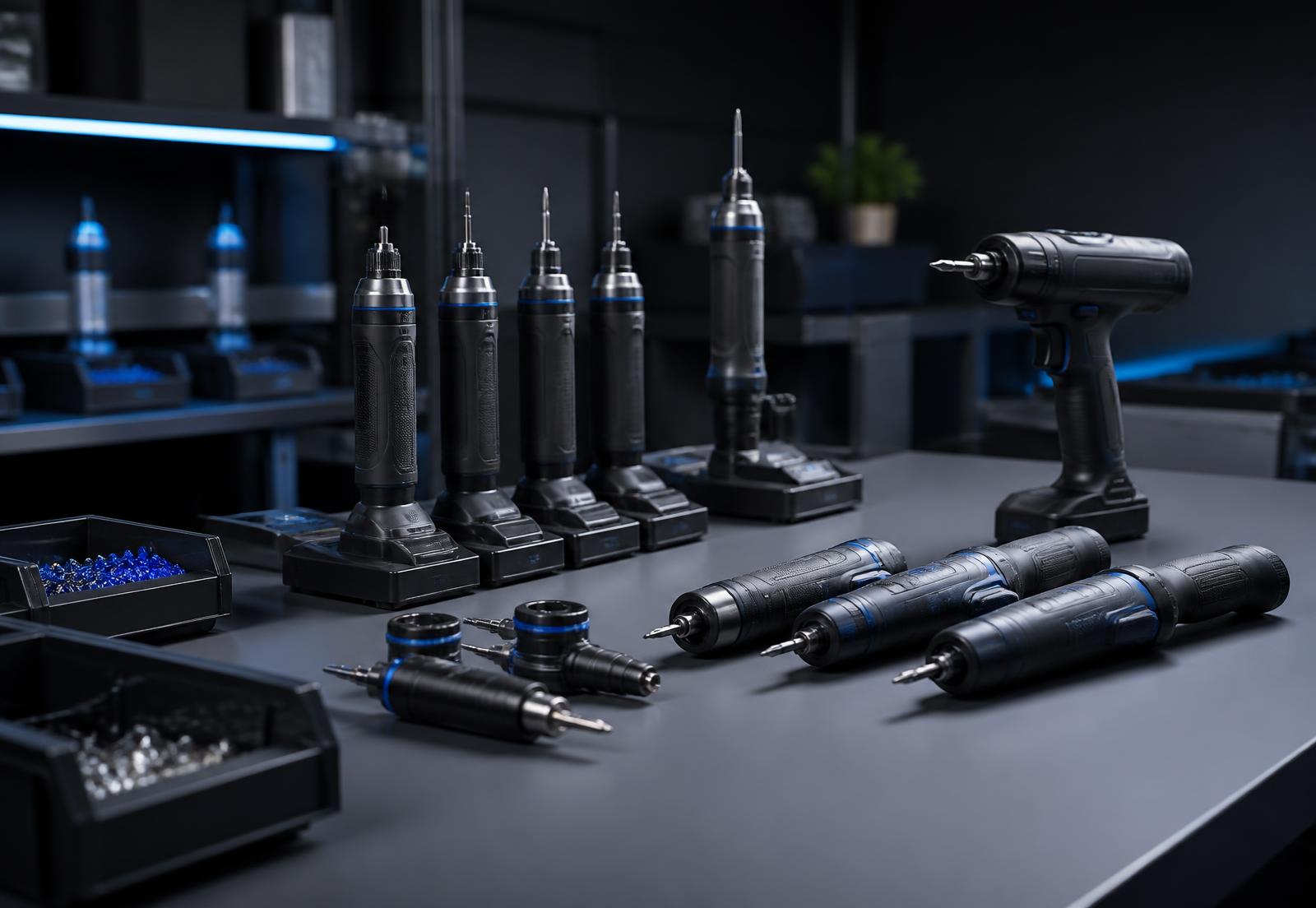 Industrial electric and cordless assembly screwdrivers on a workbench